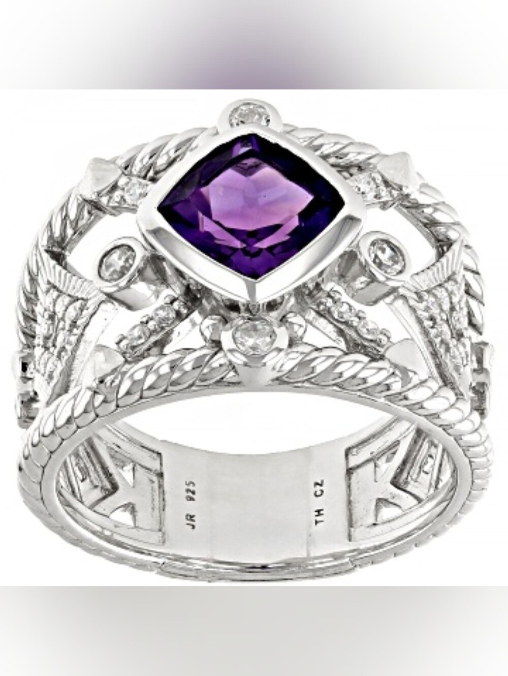 Judith Ripka Natural Amethyst and CZ ring in Rodium Plated 925 Sterling Silver. - Picture 1 of 4